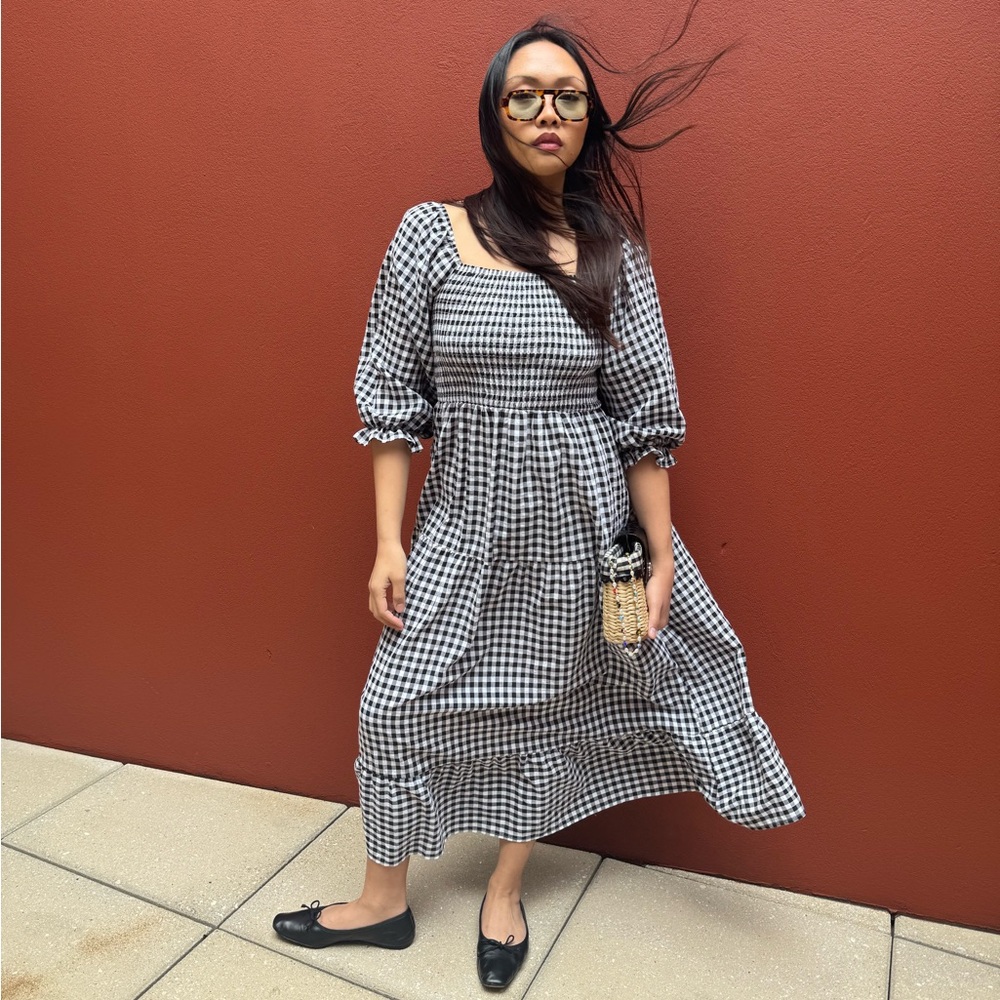 Black and White Gingham Smocked Sundress with Puff Sleeves - Size Medium